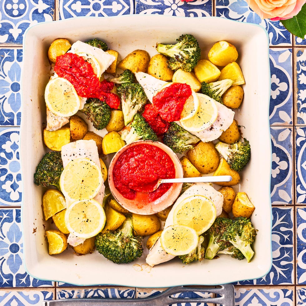 hake and red pepper traybake