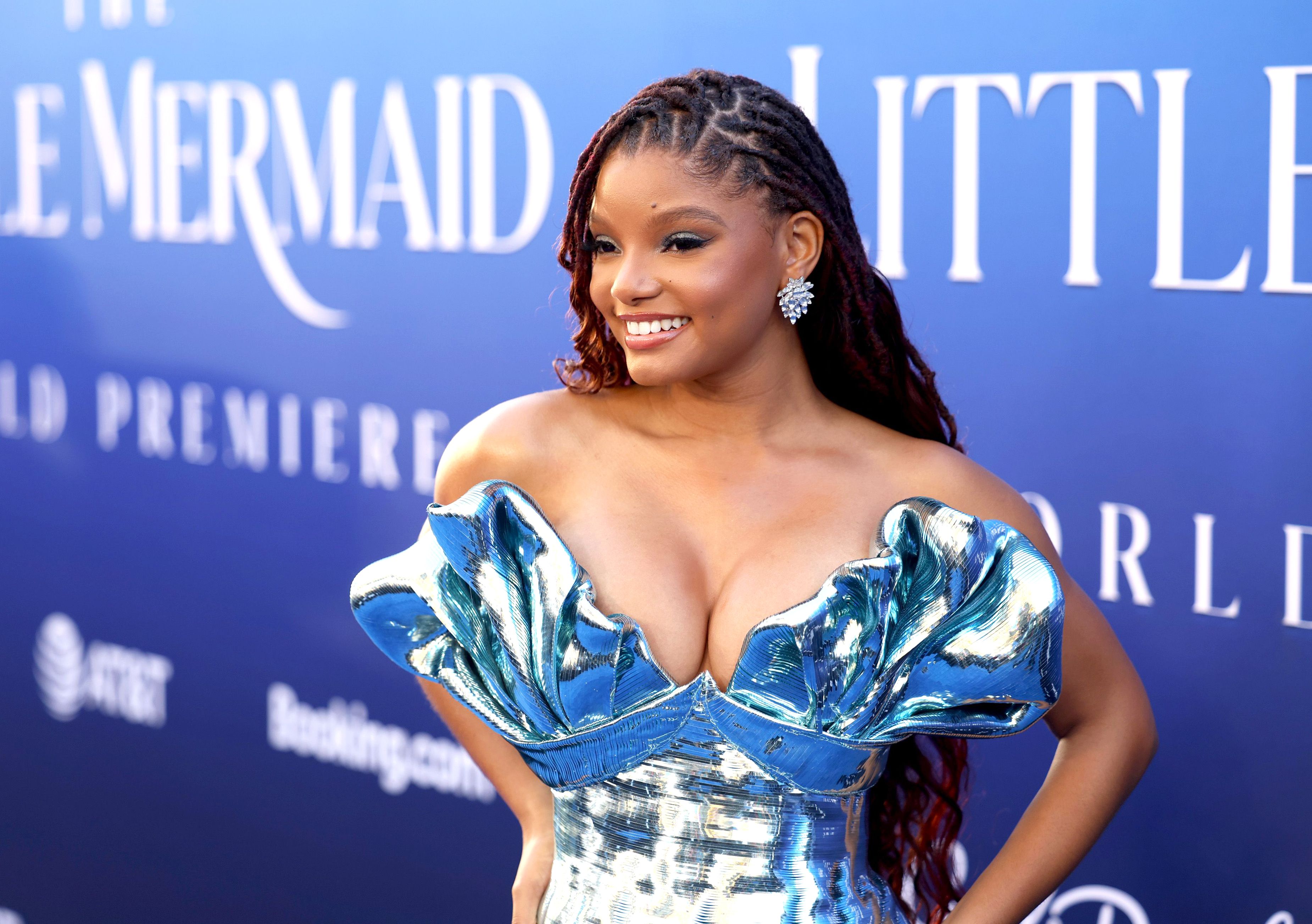 Halle Bailey Wore Metallic Column Gown for 'The Little Mermaid' Premiere