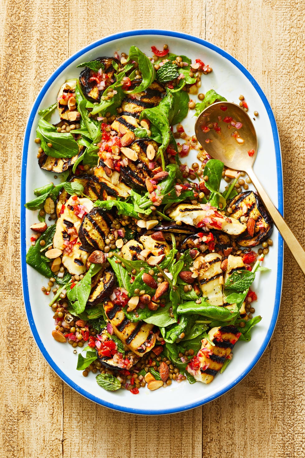 halloumi and eggplant salad with lentils