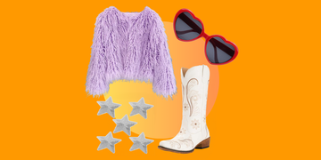 purple shag coat red heart sunglasses silver star patches white cowgirl boots