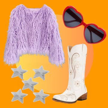 taylor swift halloween costume ideas- purple shag coat red heart sunglasses silver star patches white cowgirl boots purple shag coat red heart sunglasses silver star patches white cowgirl boots