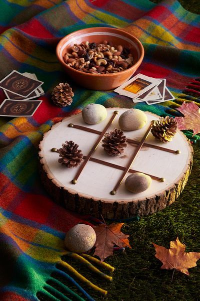 fall themed tic tac toe board made with a tree slab with rocks and pine cones as game pieces