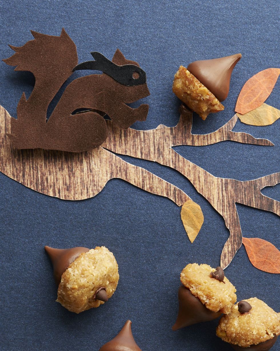 peanut butter acorns with a paper cutout squirrel