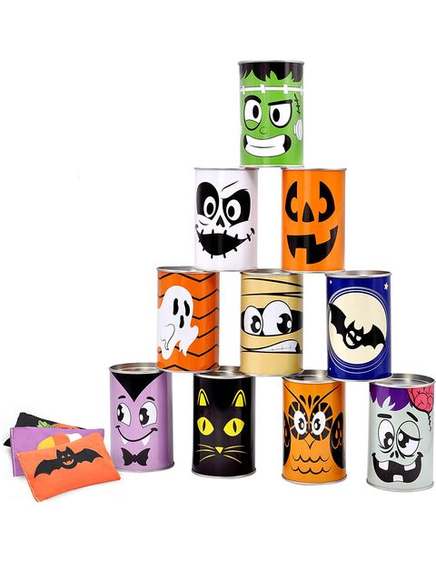 halloween party game bean bag toss with cans decorated like frankenstein, ghost, mummy, cat, dracula, bat, ghost