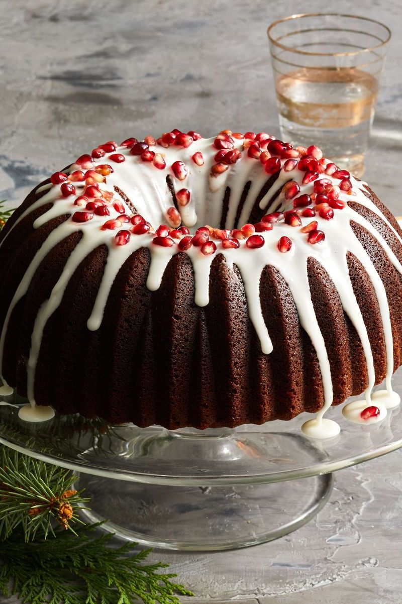 gingerbread bundt cake with pomegranate seeds on top