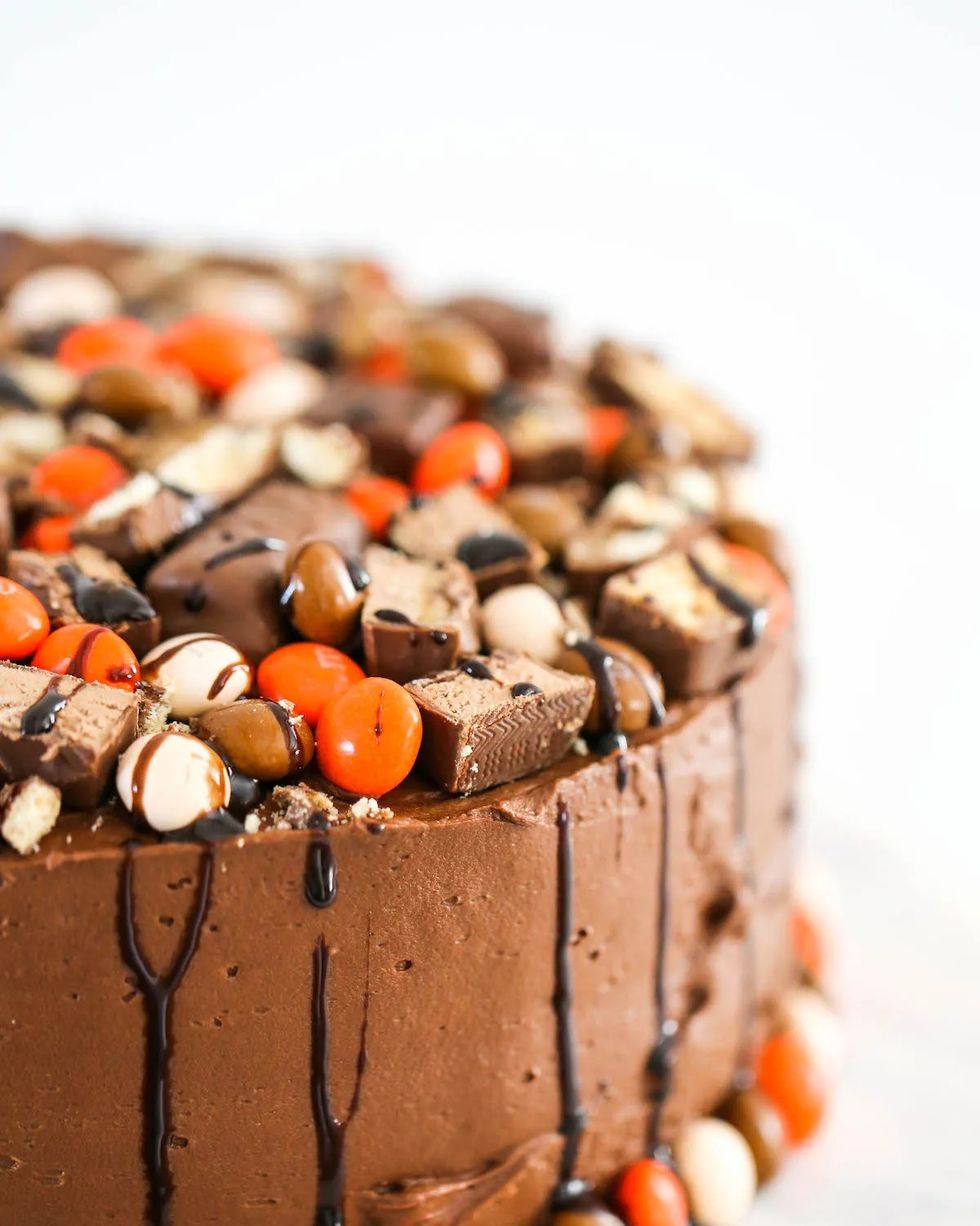 leftover halloween candy chocolate cake with orange m and m