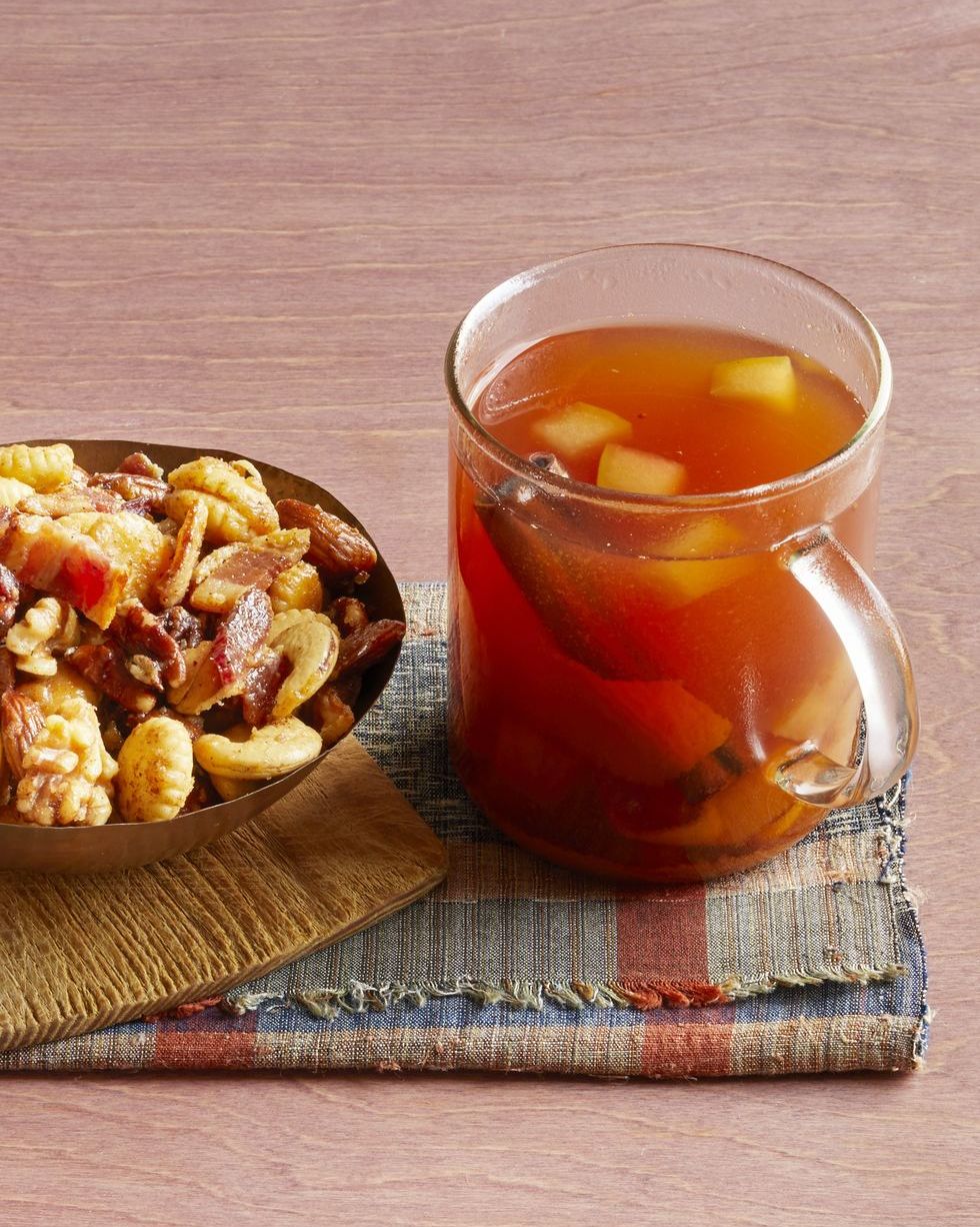 mulled cider with bourbon and snack mix