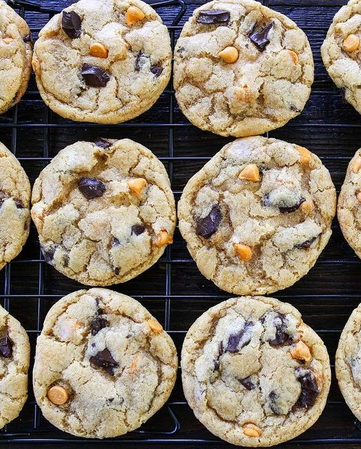 butterscotch chocolate chunk cookies on wire rack