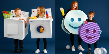 best halloween costume ideas for kids, two kids dressed as a washer dryer combo and a mother son dressed as two scrub daddies