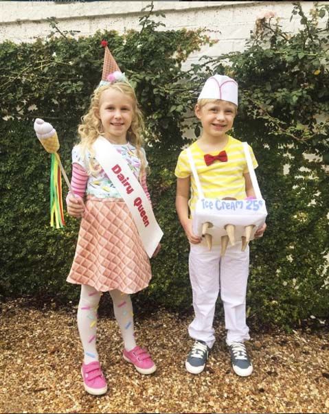 children of rachel hardage barrett wearing halloween costumes of dairy “queen” and ice cream deliveryman