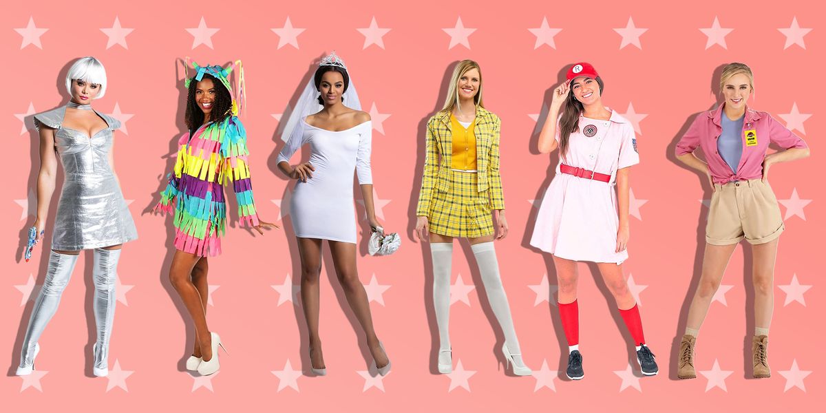six women wearing halloween costumes including a pinata, space cadet, and jurassic park dr ellie sattler costume