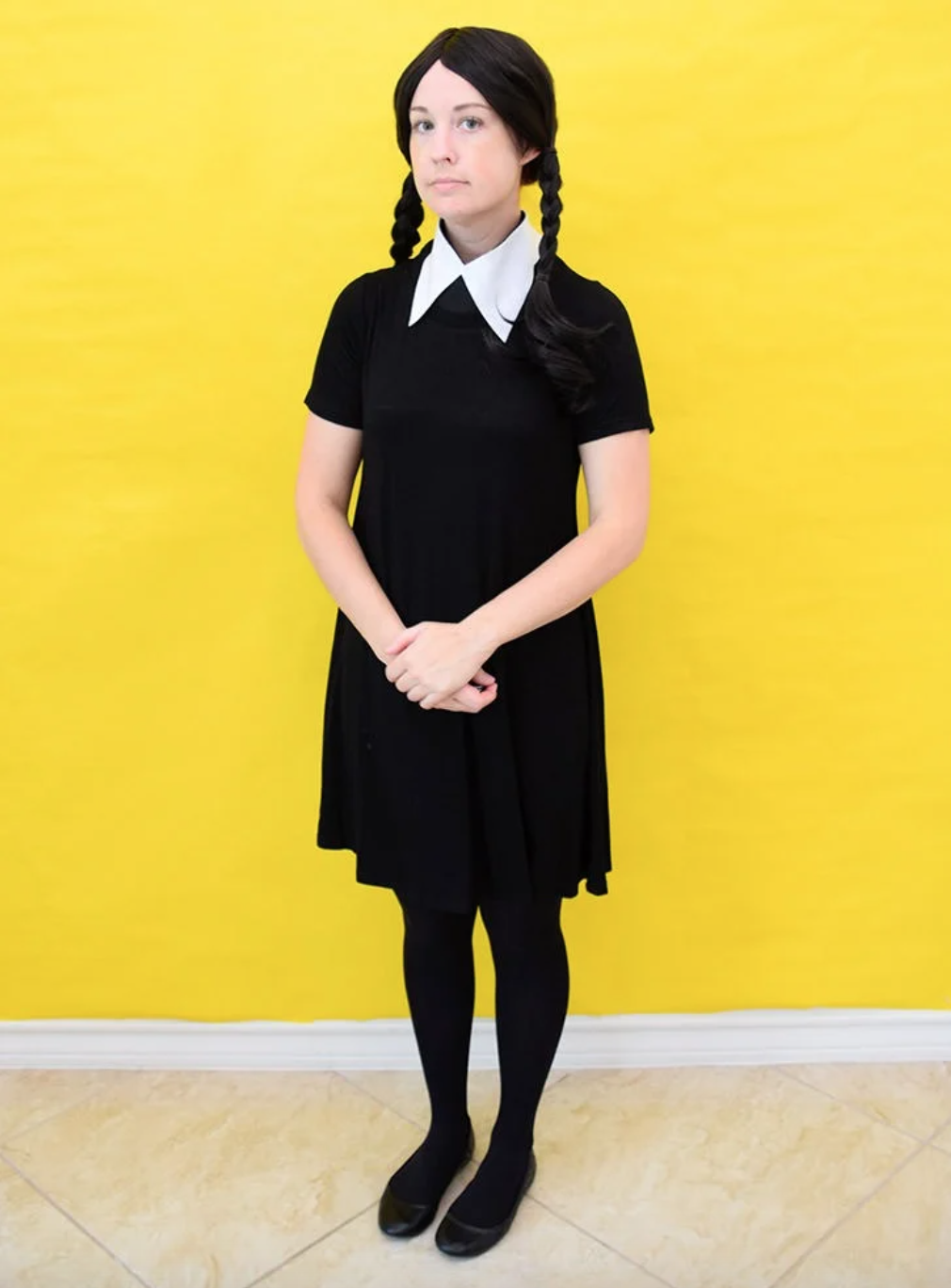 Wednesday Addams Costume for Adult Women Kids Girls Long Sleeve Peter Pan  Collar Black Dress Halloween Night Costume