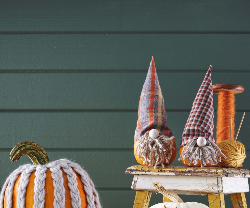 diy halloween pumpkins made with yarn cable knit pumpkin, gnome pumpkins, string art yarn leaves