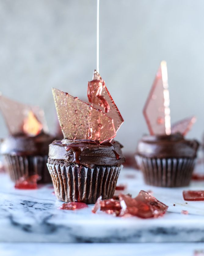 devils food cupcakes with sugar shards