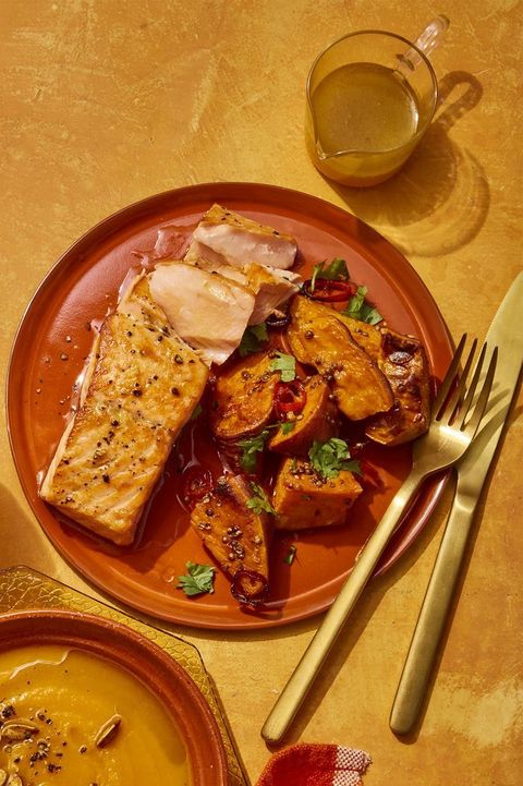 halloween dinner ideas seared salmon with spiced sweet potatoes