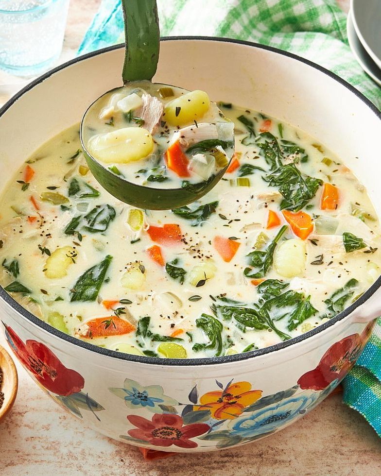 chicken gnocchi soup in floral pot