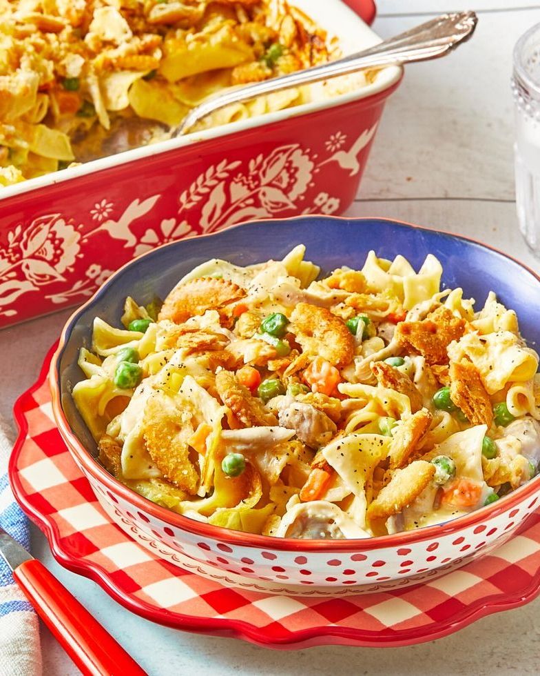 chicken noodle casserole in red bowl
