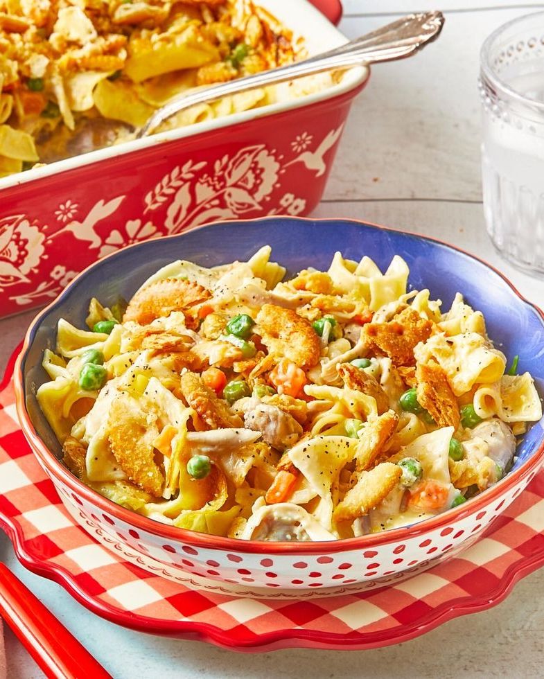 chicken noodle casserole in red bowl