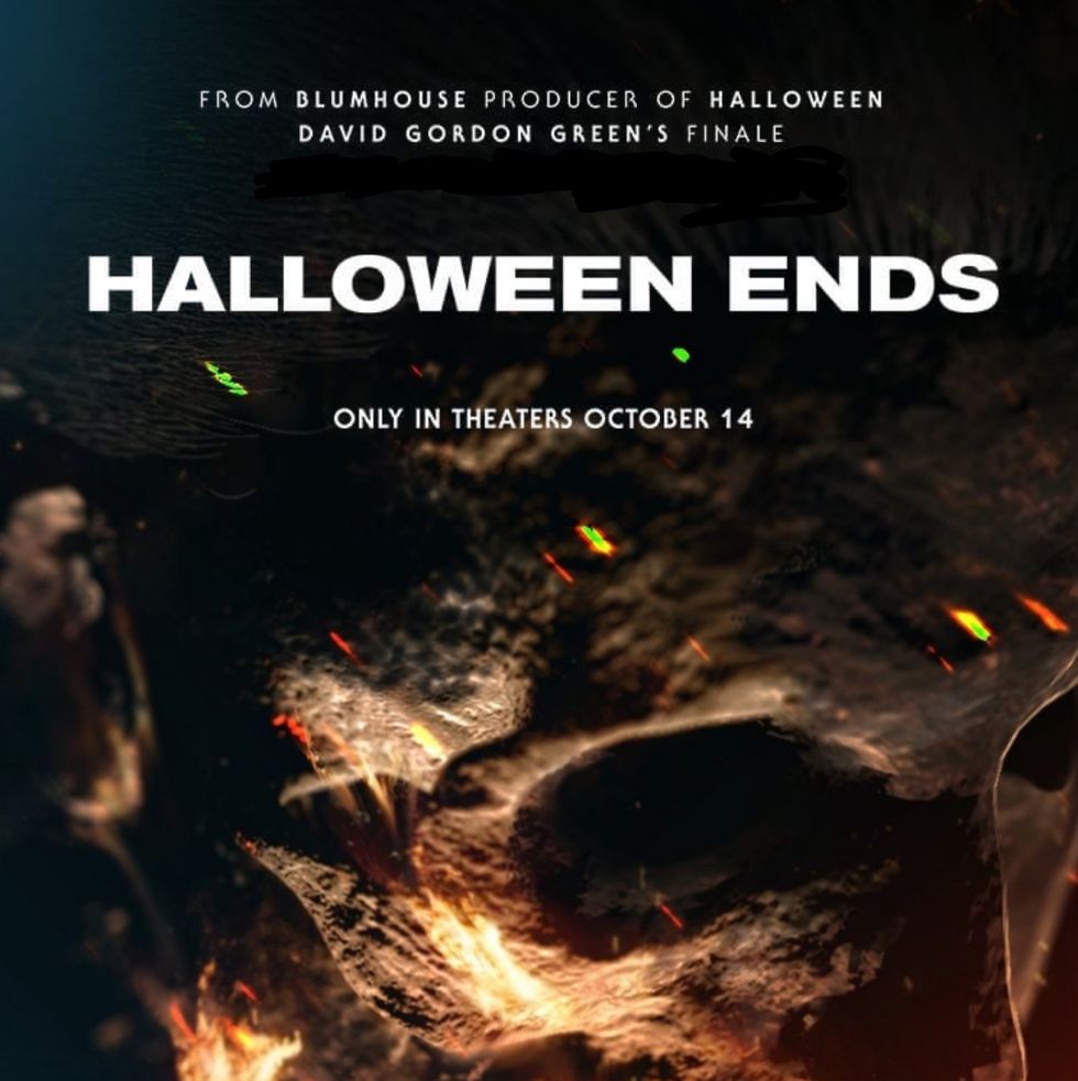 movie poster of the halloween ends movie with a skull as the main image