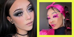 woman on the left with smokey eye shadow underneath spiderweb lines and a woman on the right with hot pink butterfly wing makeup over her eyes
