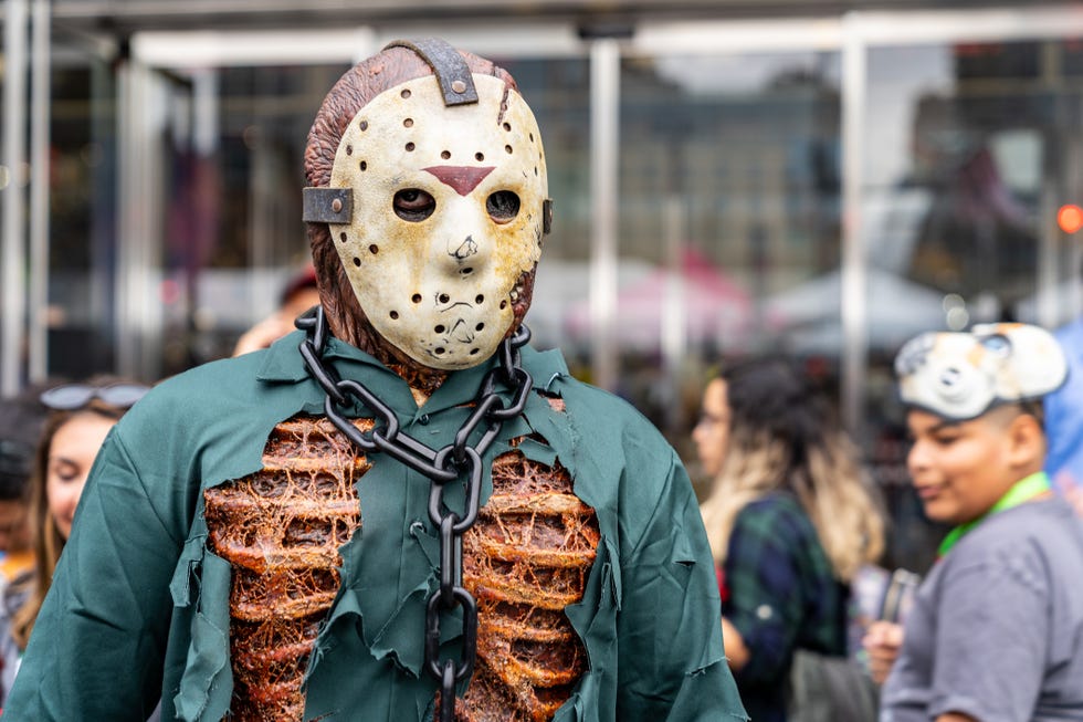male cosplayer dressed as a decomposed jason voorhees during new york comic con day 4 at jacob javits convention center in new york city