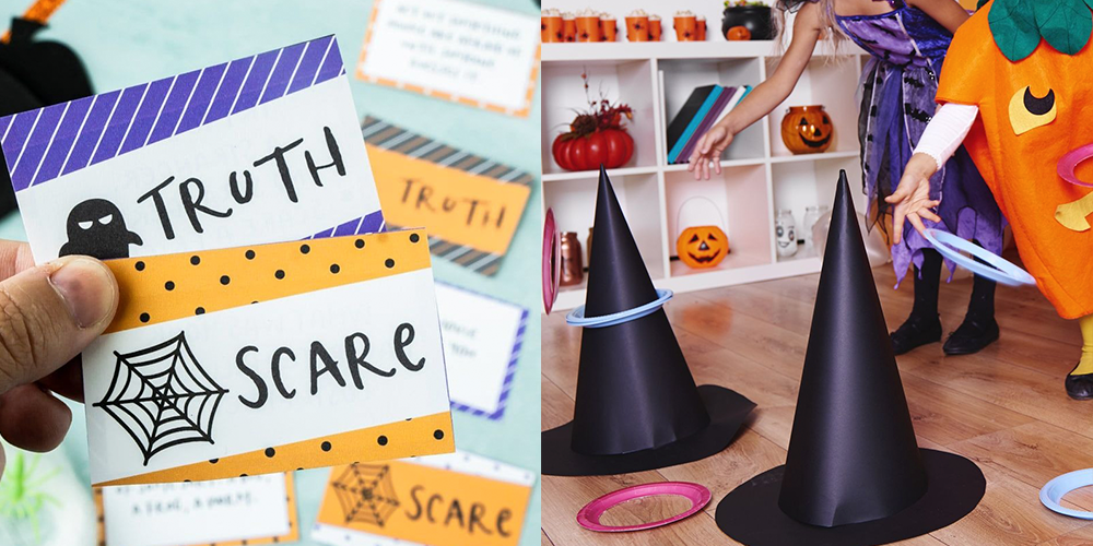 halloween games apple bobbing , truth or scare cards, witch hat ring toss