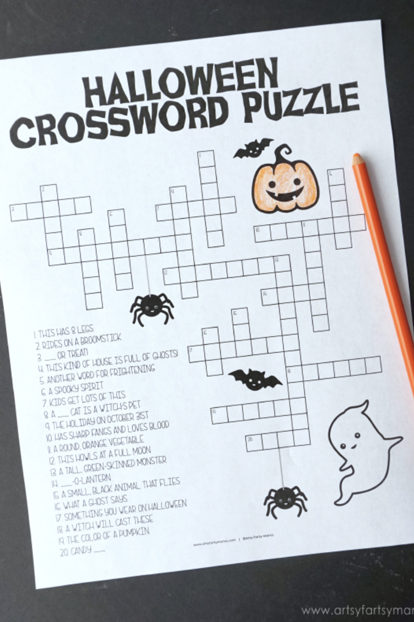 halloween games, crossword puzzle on white paper