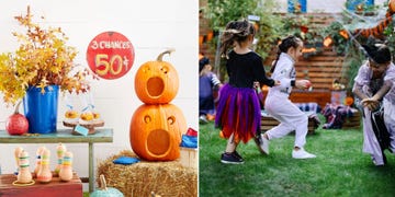 jack o lantern bean bag toss game and kids in costume playing halloween games in yard