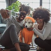 people in robber halloween costumes posing for a selfie with dog dressed as a pumpkin
