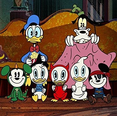 donald, goofy and donald's and mickey's nephews all gather around to hear a scary story in the scariest stories ever, a good housekeeping pick for best halloween movie for kids