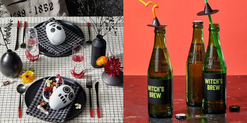 halloween party ideas, skeleton candy holder on black plates, open bottles with halloween labels