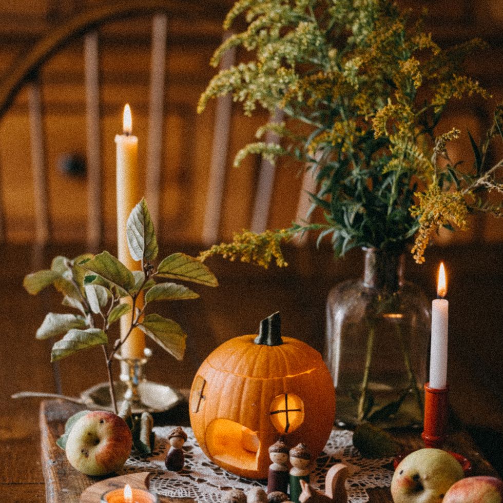 halloween set up on a wooden dining table