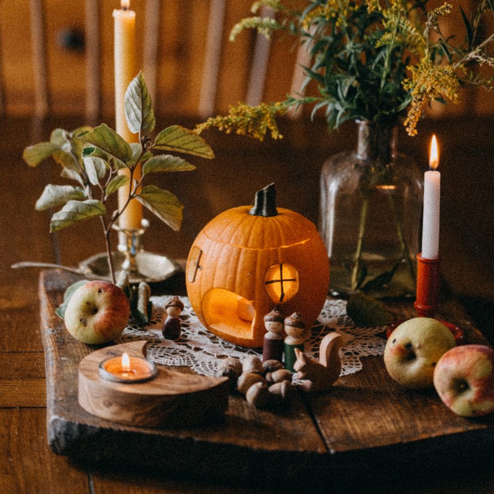 halloween set up on a wooden dining table