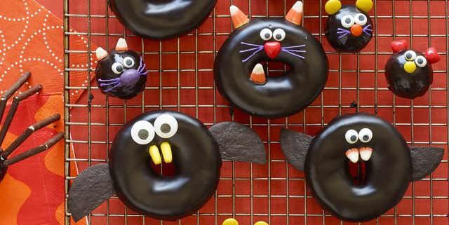 halloween snacks   black cat, bat, spider, and mice doughnuts