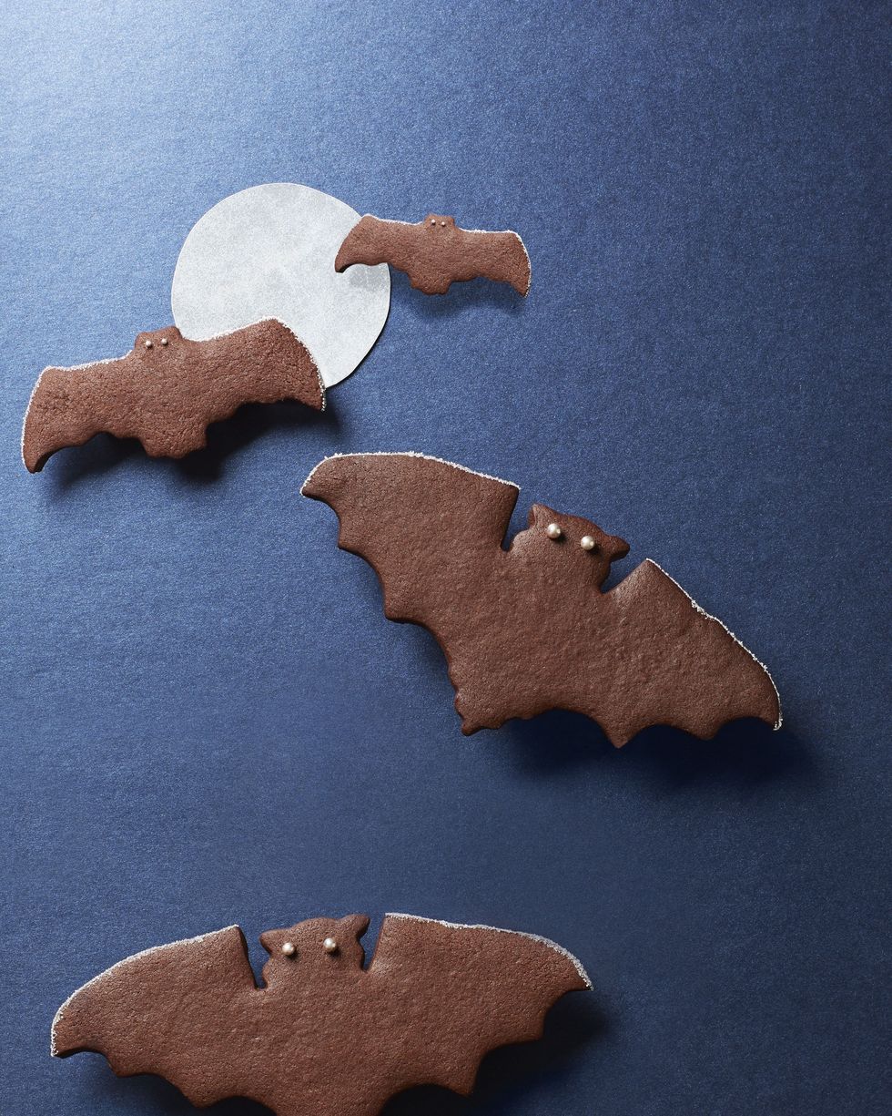 spiced chocolate bat cookies on a black background with a white circle to look like the moon