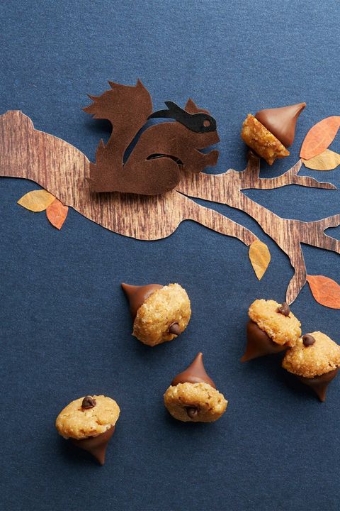 peanut butter acorns arranged on a black background with a paper tree and squirrel