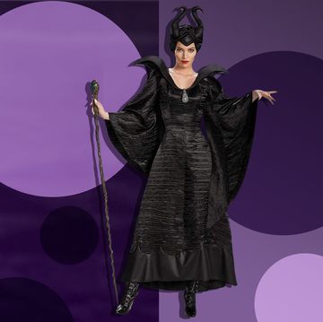 woman modeling maleficent black costume next to image of maleficent from the movie