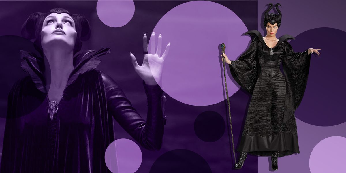 woman modeling maleficent black costume next to image of maleficent from the movie