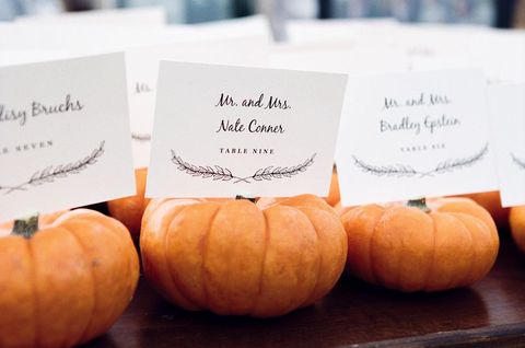 halloween wedding idea pumpkin escort card