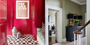 hallway colors, cherry colored hallway on the left, gray hallway on the right