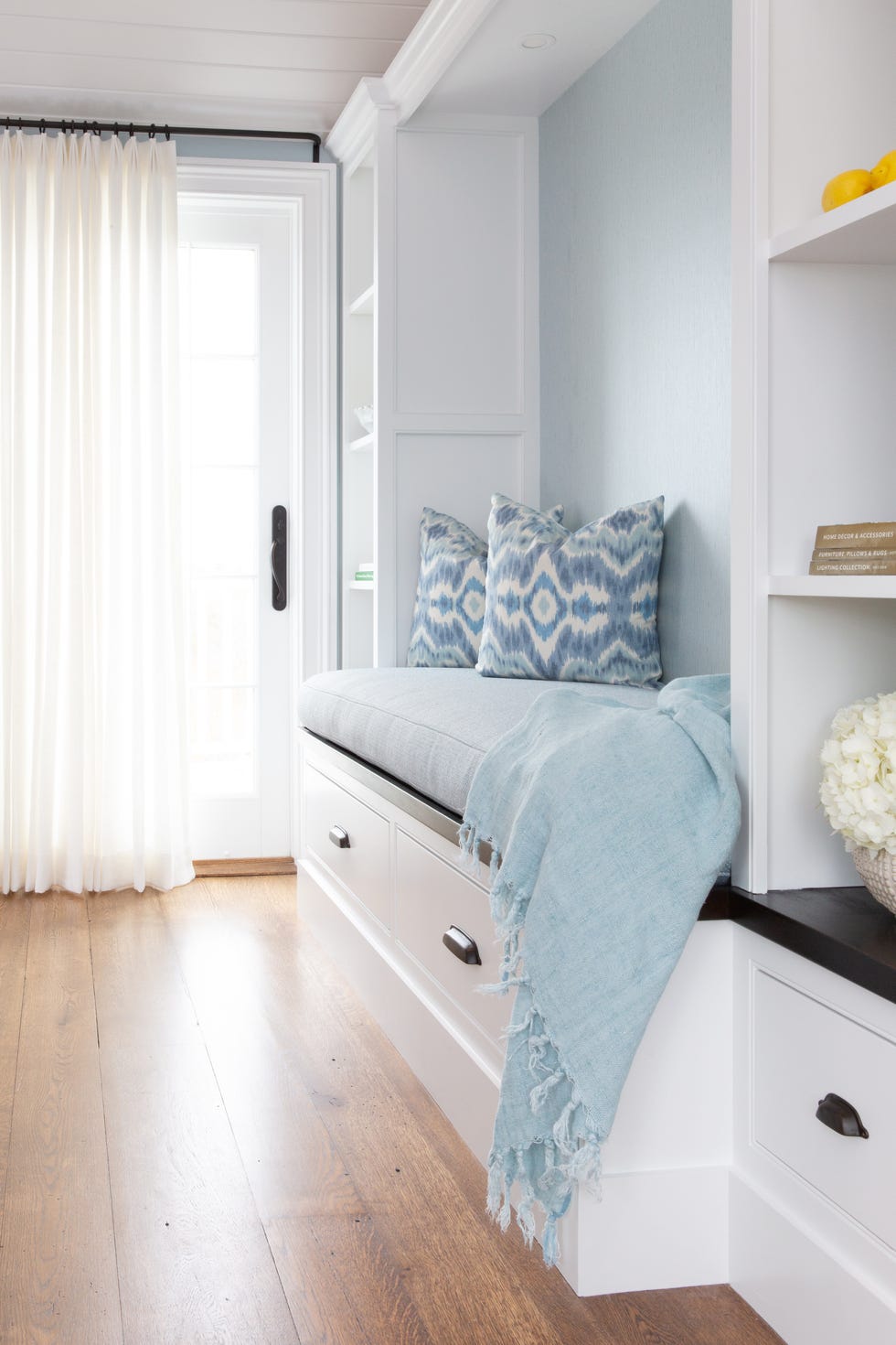 hallway paint colors, hallway with a nook painted in a soft shade of blue
