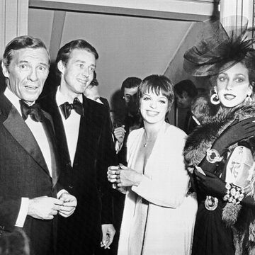 american businessman david j mahoney, american fashion designer halston, entertainer liza minelli and actress marisa berenson, during the private party given at maxims in paris for the people who will attend the fund raising grand advertisemnt a versailles for the upkeep and restoration of versailles castle to be held at the castle