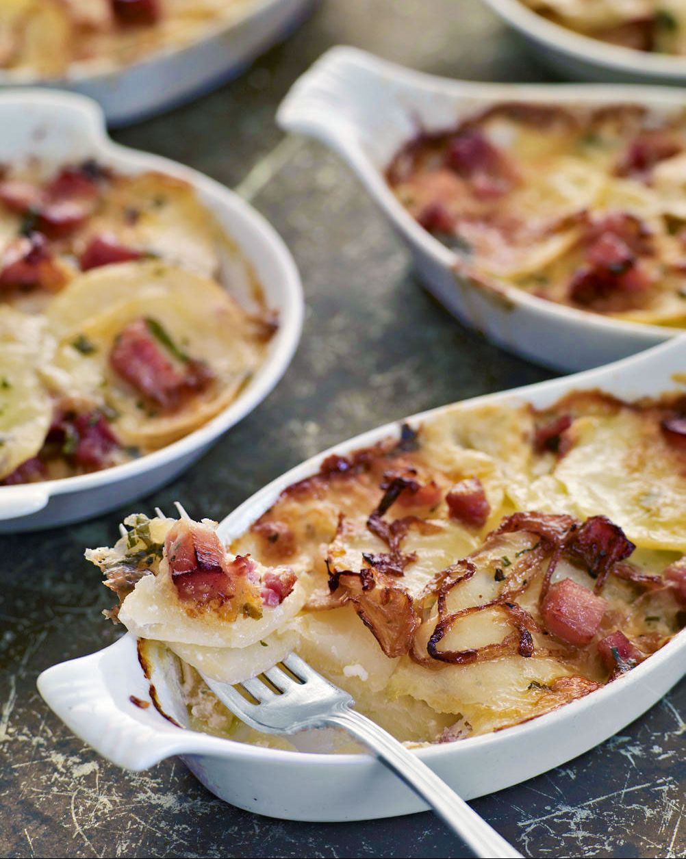 ham potato gratins in individual baking dishes