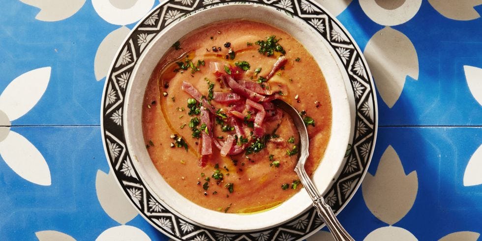 a close up of spicy gazpacho with serrano ham