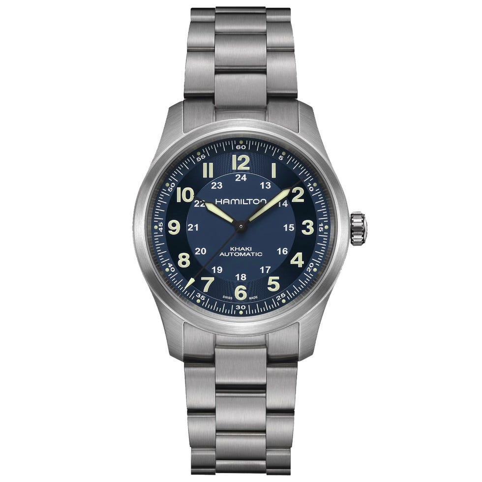hamilton khaki automatic wristwatch with a blue dial and stainless steel strap
