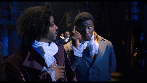 daveed diggs is thomas jefferson and okieriete onaodowan is james madison in hamilton, the filmed version of the original broadway production