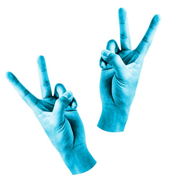 two blue hands giving the peace sign