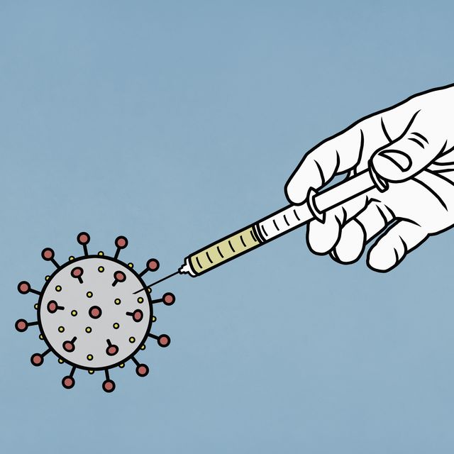 hand injecting vaccine syringe into coronavirus pathogen