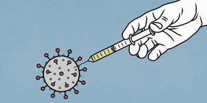 hand injecting vaccine syringe into coronavirus pathogen