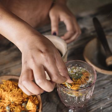 Hand of woman preparing fresh herbal tea with flower in glass on wooden table